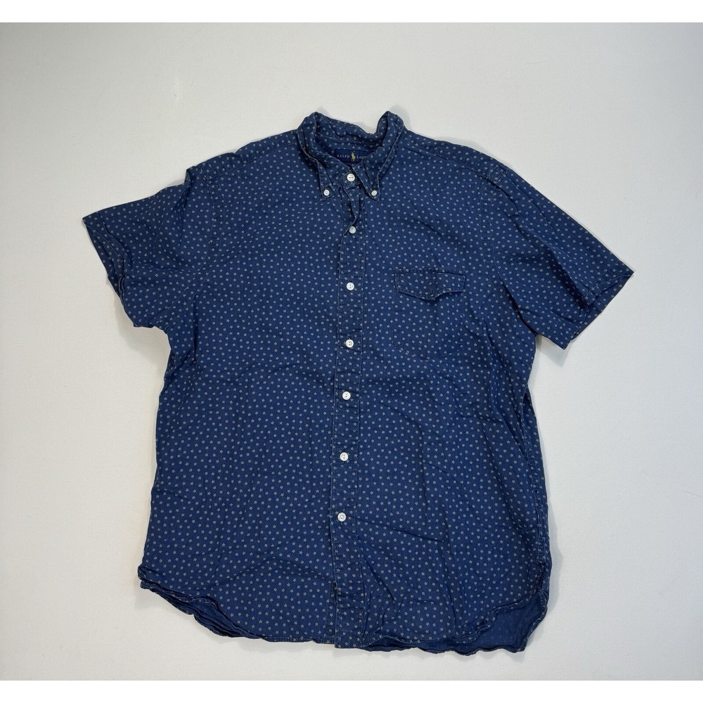 Ralph Lauren Mens Large Button Shirt Blue Star Print Classic Casual Cotton L